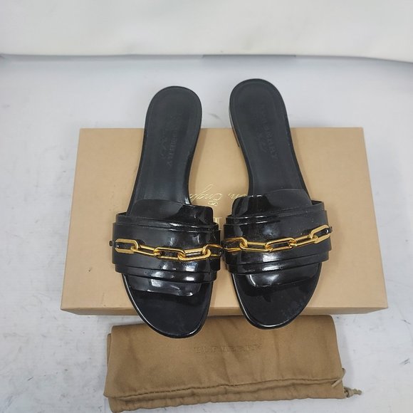 Burberry Coleford Black Chain Patent Leather Slide Sandal - Picture 1 of 11